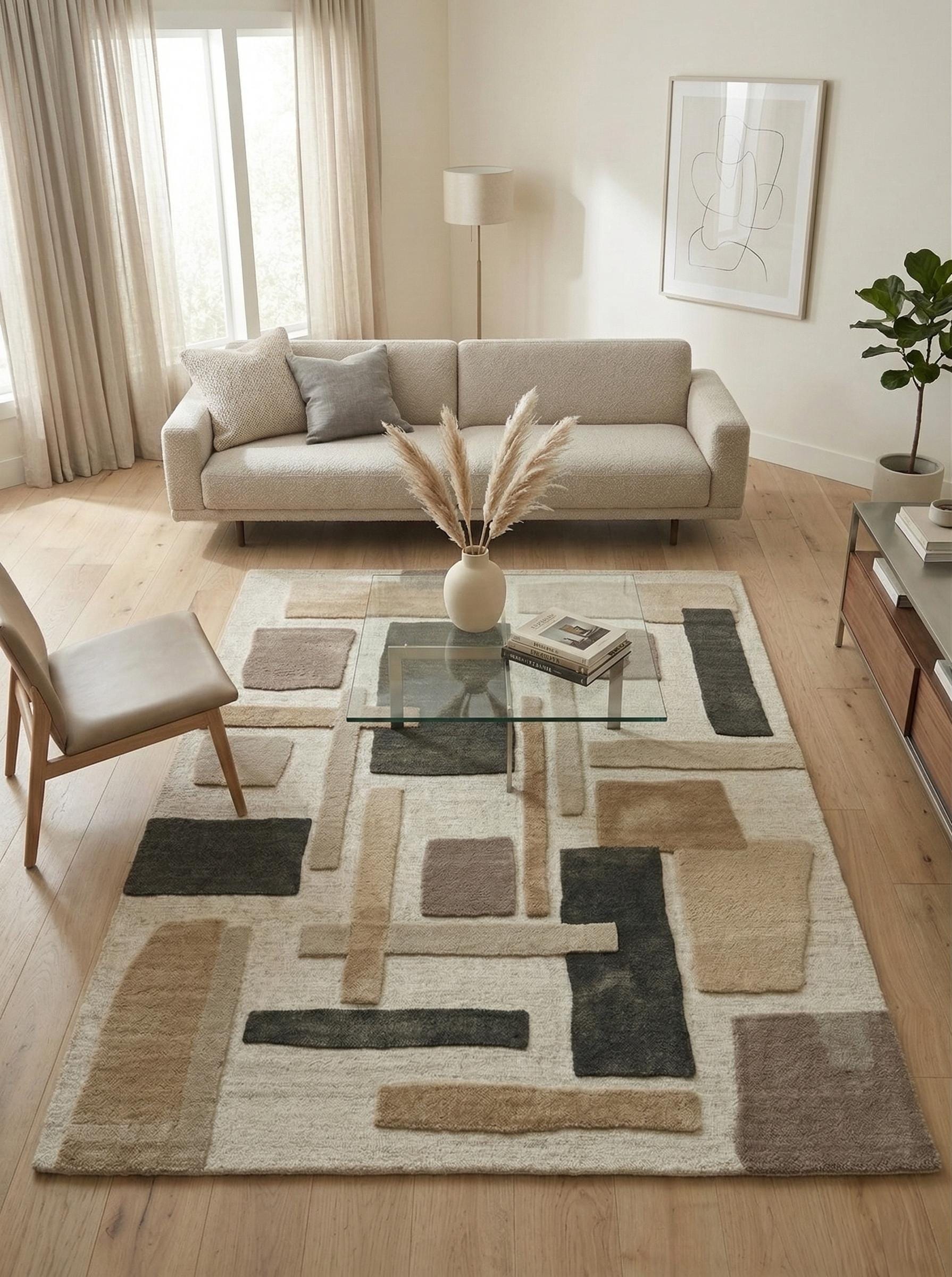 Beige Geometric Wool Rug